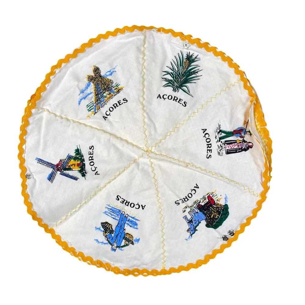 Vintage Azores Portugal Souvenir Bread Basket Liner Yellow Gingham Ric Rac 11.5